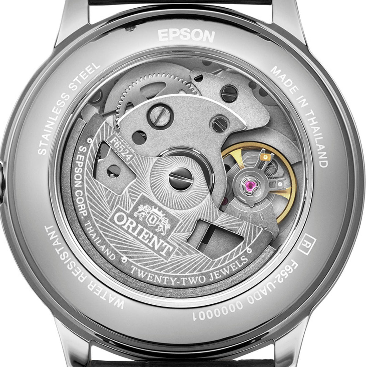 Orient Bambino RA-BB0103S30B exhibition caseback showing the automatic movement.