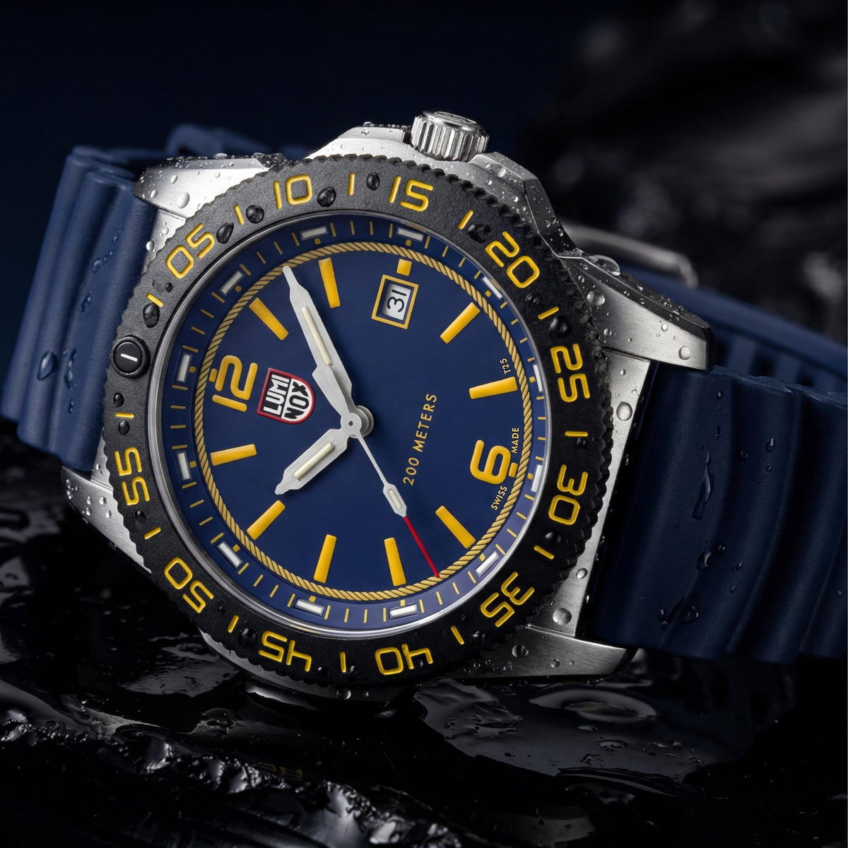 Luminox Pacific Diver FORCE BLUE 3120 Series XS.3125.FB timepiece covered in water droplets on a dark surface