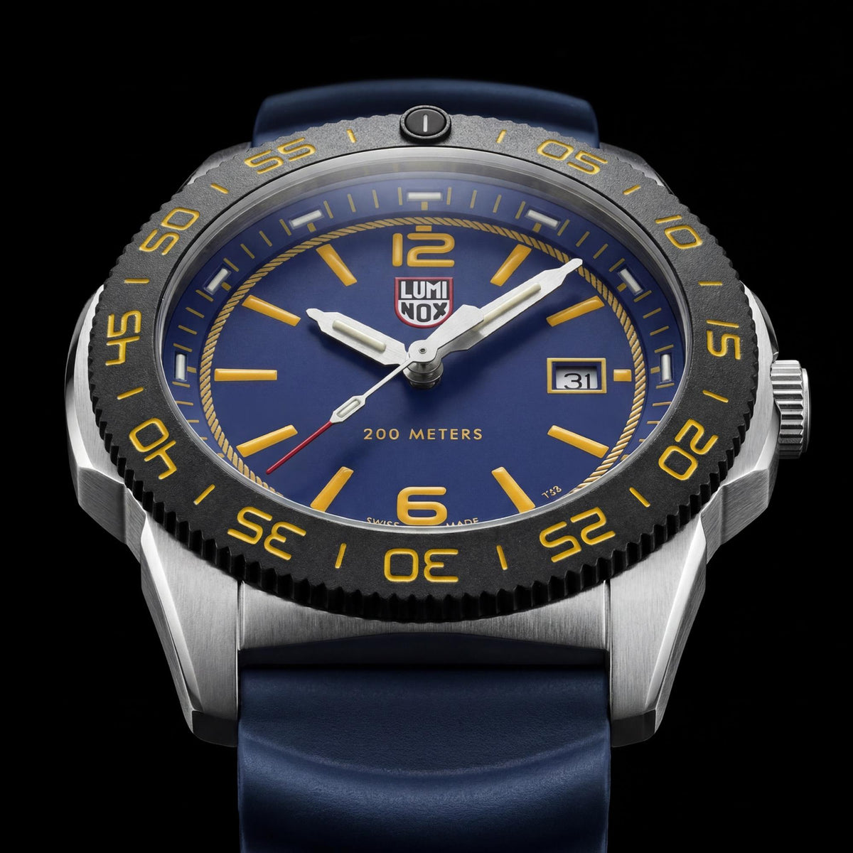 Top-down view of the Luminox Pacific Diver FORCE BLUE 3120 Series XS.3125.FB watch on a black background