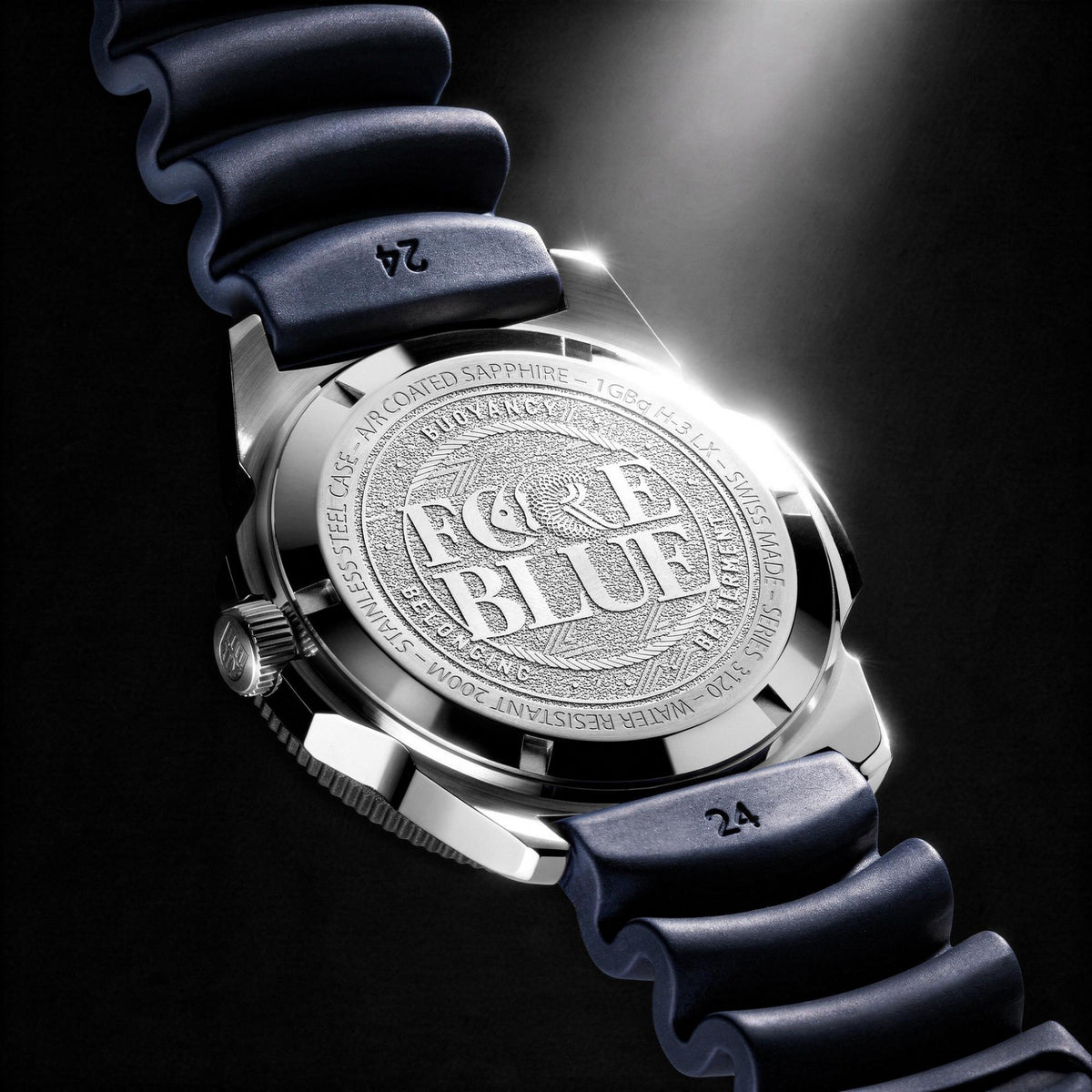 Engraved case back of the Luminox Pacific Diver FORCE BLUE 3120 Series XS.3125.FB watch with blue rubber strap