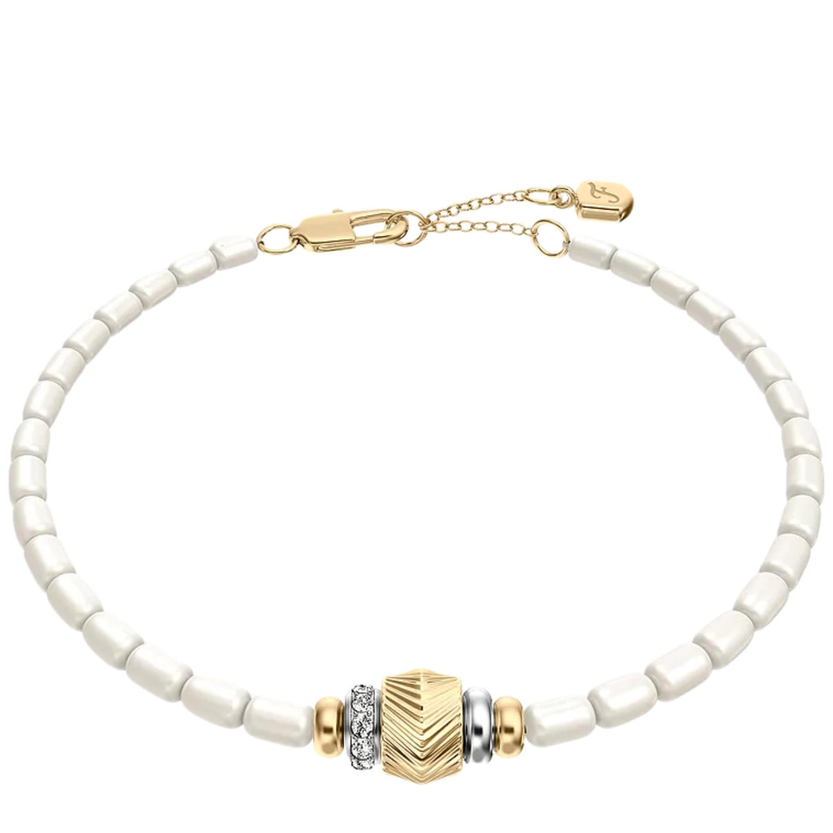 Fossil Harlow Rondelles 165.1mm White Acrylic Pearl Steel Station Ladies Bracelet JF04994998