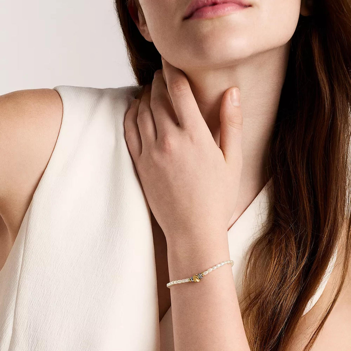 Fossil Harlow Rondelles 165.1mm White Acrylic Pearl Steel Station Ladies Bracelet JF04994998