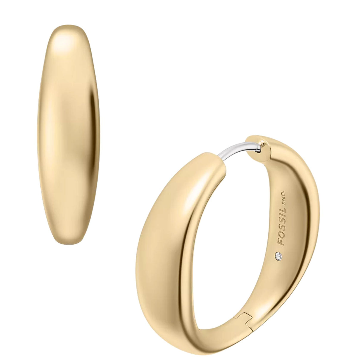 Fossil Ellis Domed 8.25mm Large Gold Steel Hoop Ladies Hoop Earrings JF05003710