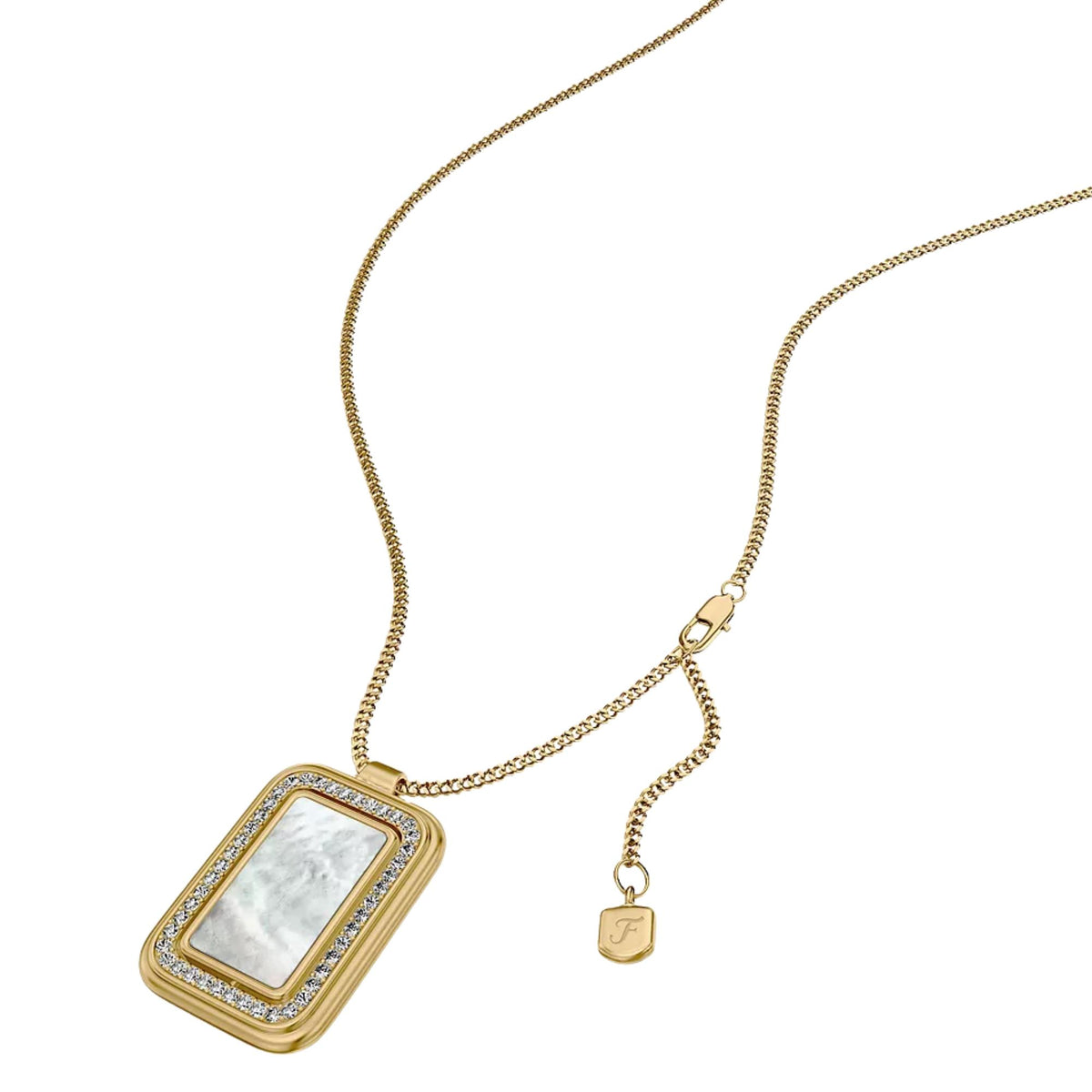 Fossil Raquel Glitz 660mm White Mother of Pearl Spinning Pendant Ladies Necklace JF04996710