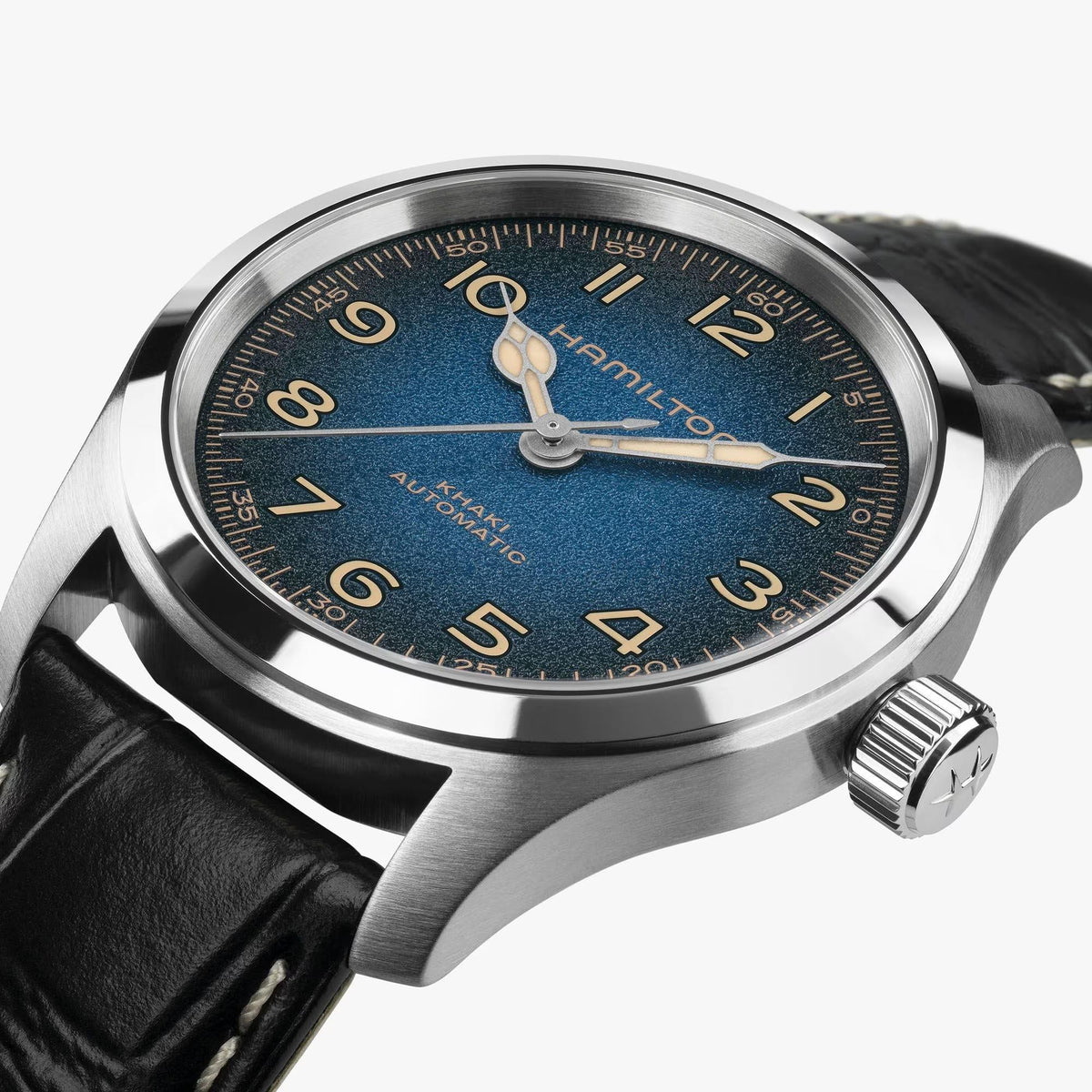 Hamilton Khaki Field Murph H70405740 field watch angled view showing stainless steel case, blue dial, and winding crown