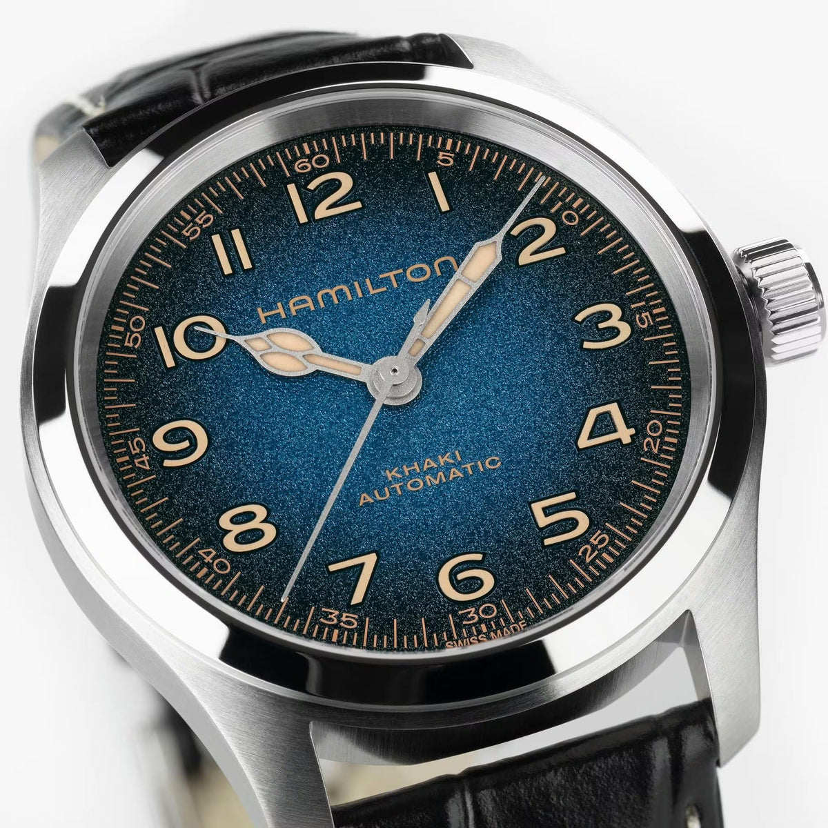 Hamilton Khaki Field Murph H70405740 field timepiece angled front shot showcasing blue dial, cathedral hands, and brushed steel case
