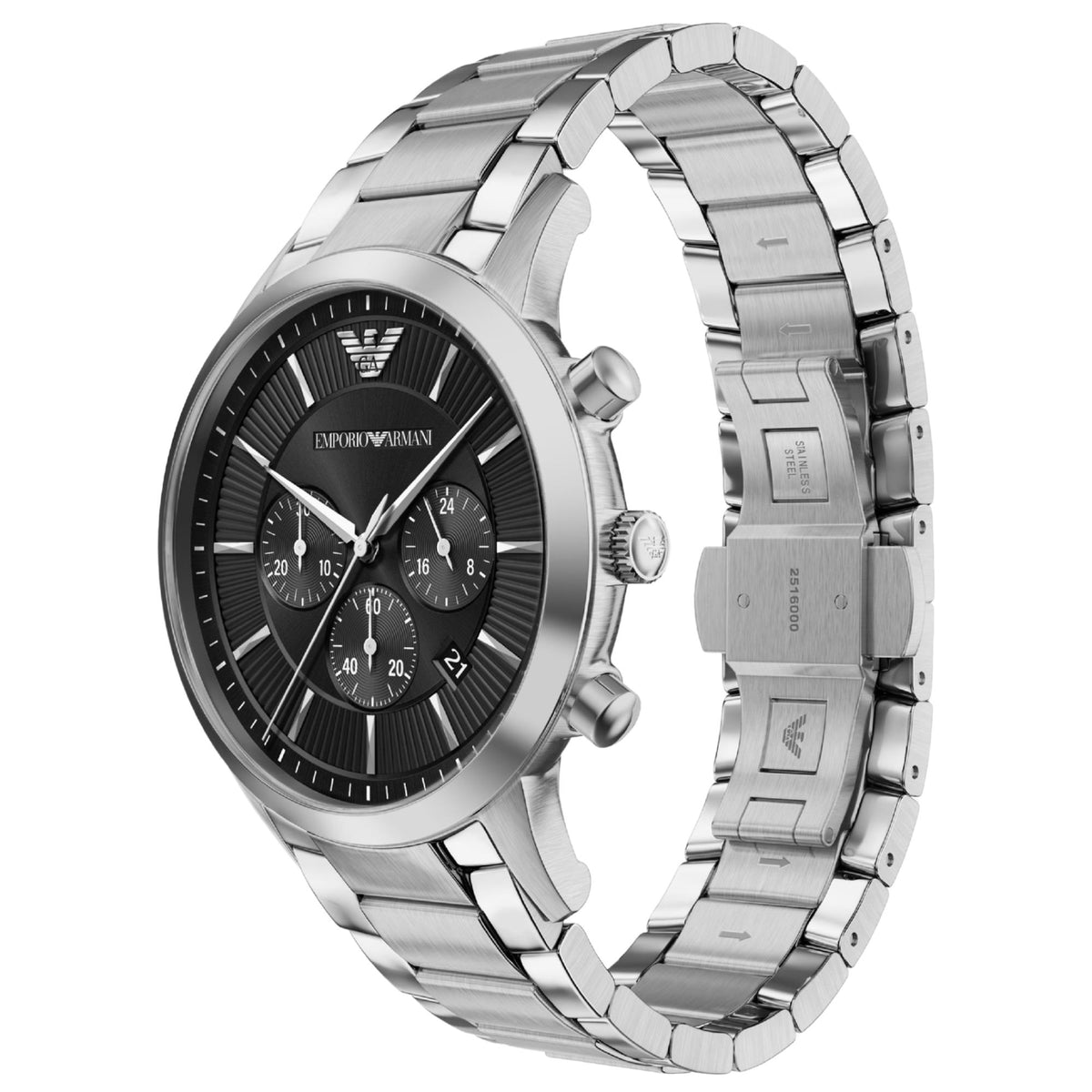 Angled perspective of the Emporio Armani Archetipo AR11819 watch showing the chronograph pushers, black dial, and steel case