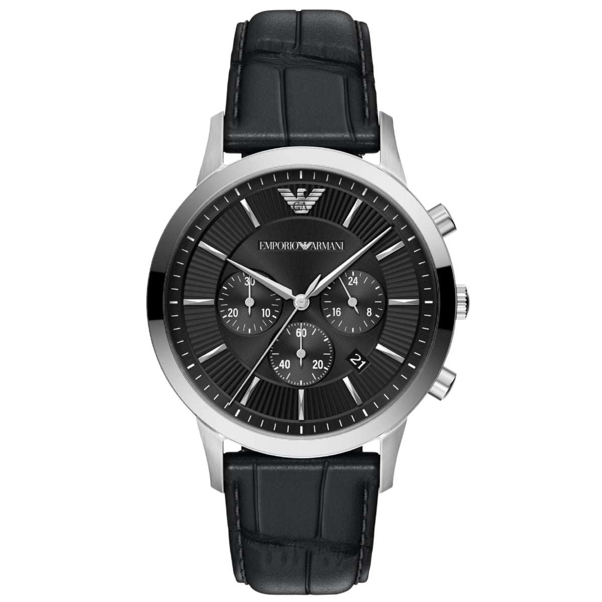Emporio Armani Archetipo AR11820 mens quartz watch featuring a black dial, sub-dials, silver baton indices, and a black leather strap