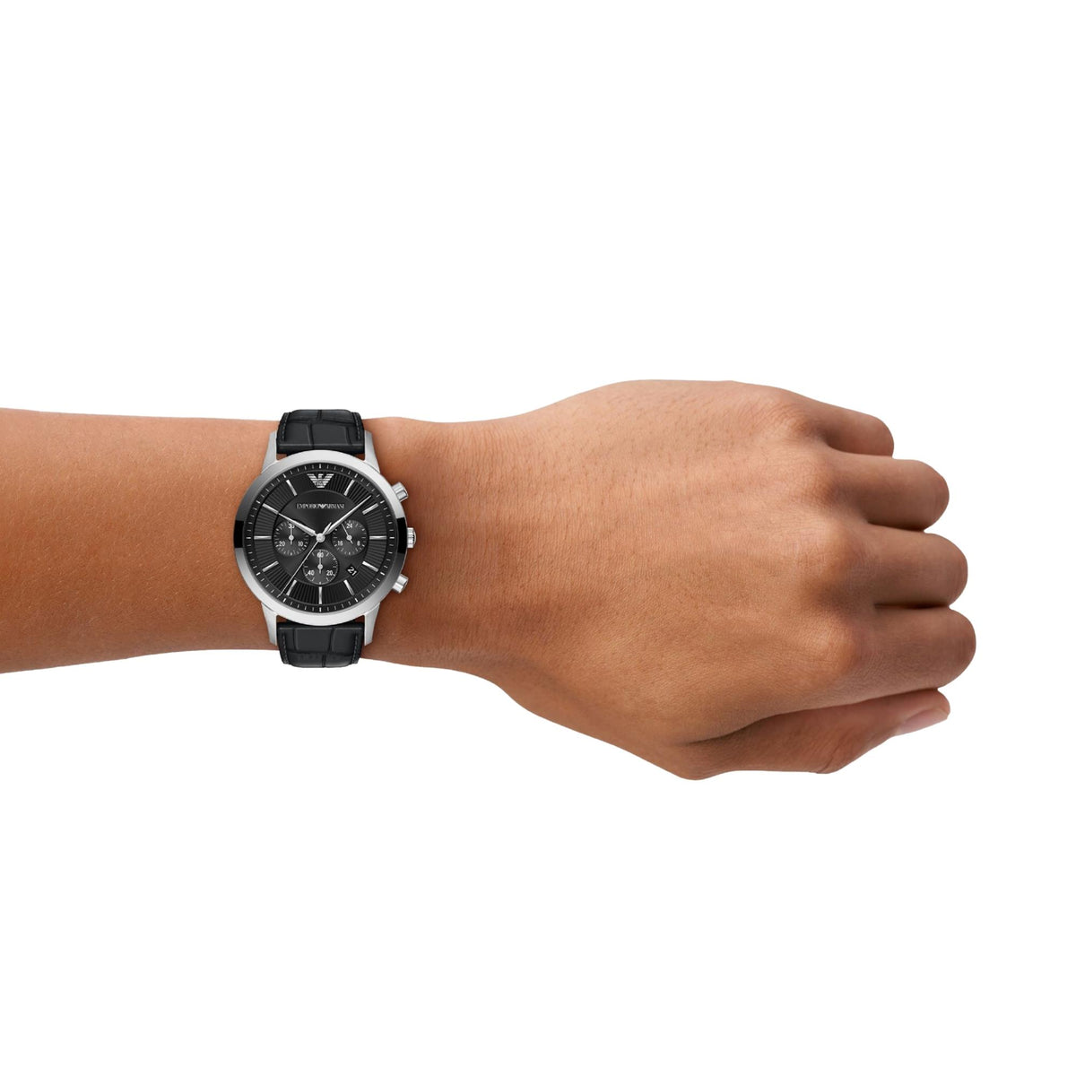 Emporio Armani Archetipo AR11820 timepiece worn on a wrist, highlighting the black dial and black leather strap