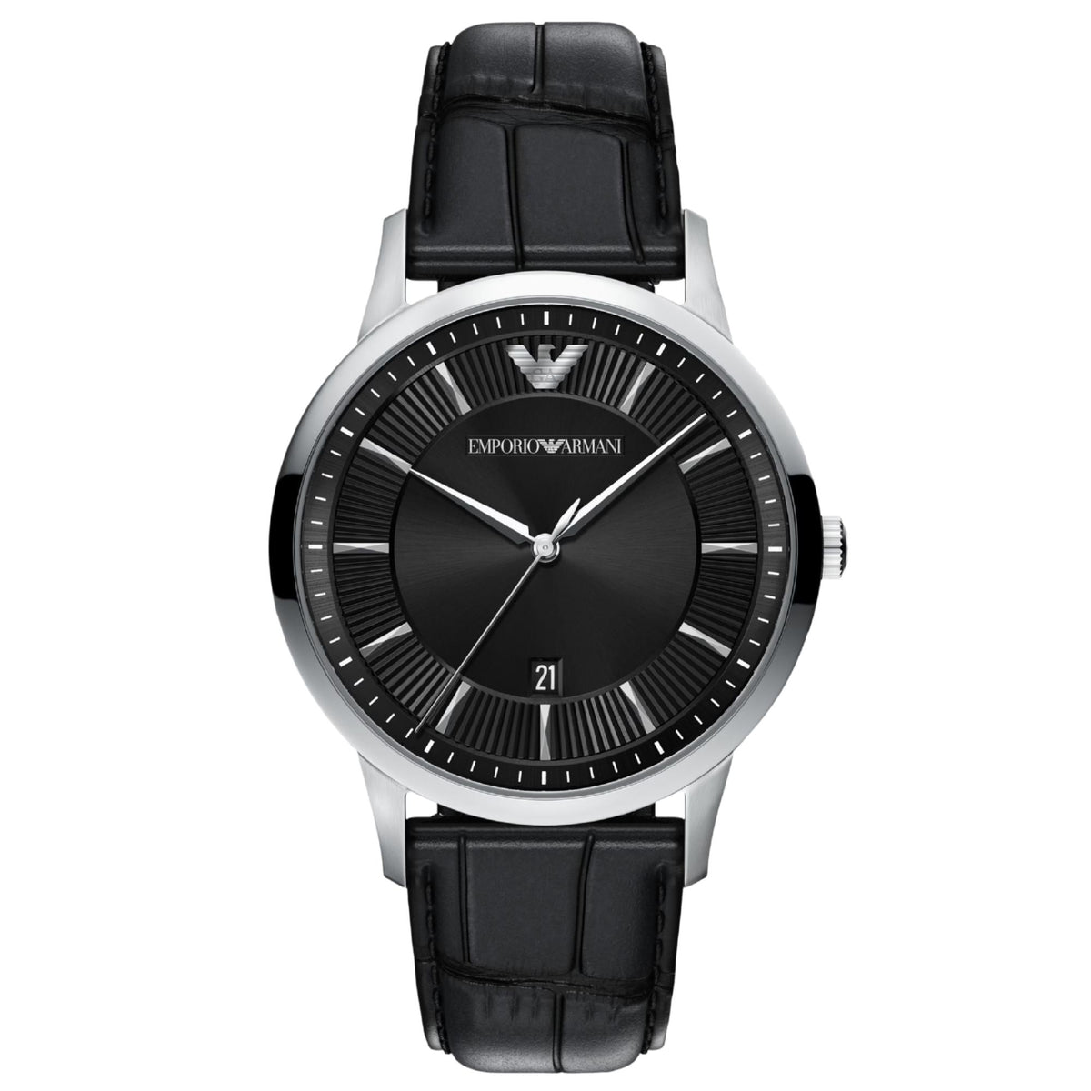 Emporio Armani Archetipo AR11826 mens quartz watch featuring a textured black dial, silver indices, date window, and a black leather strap