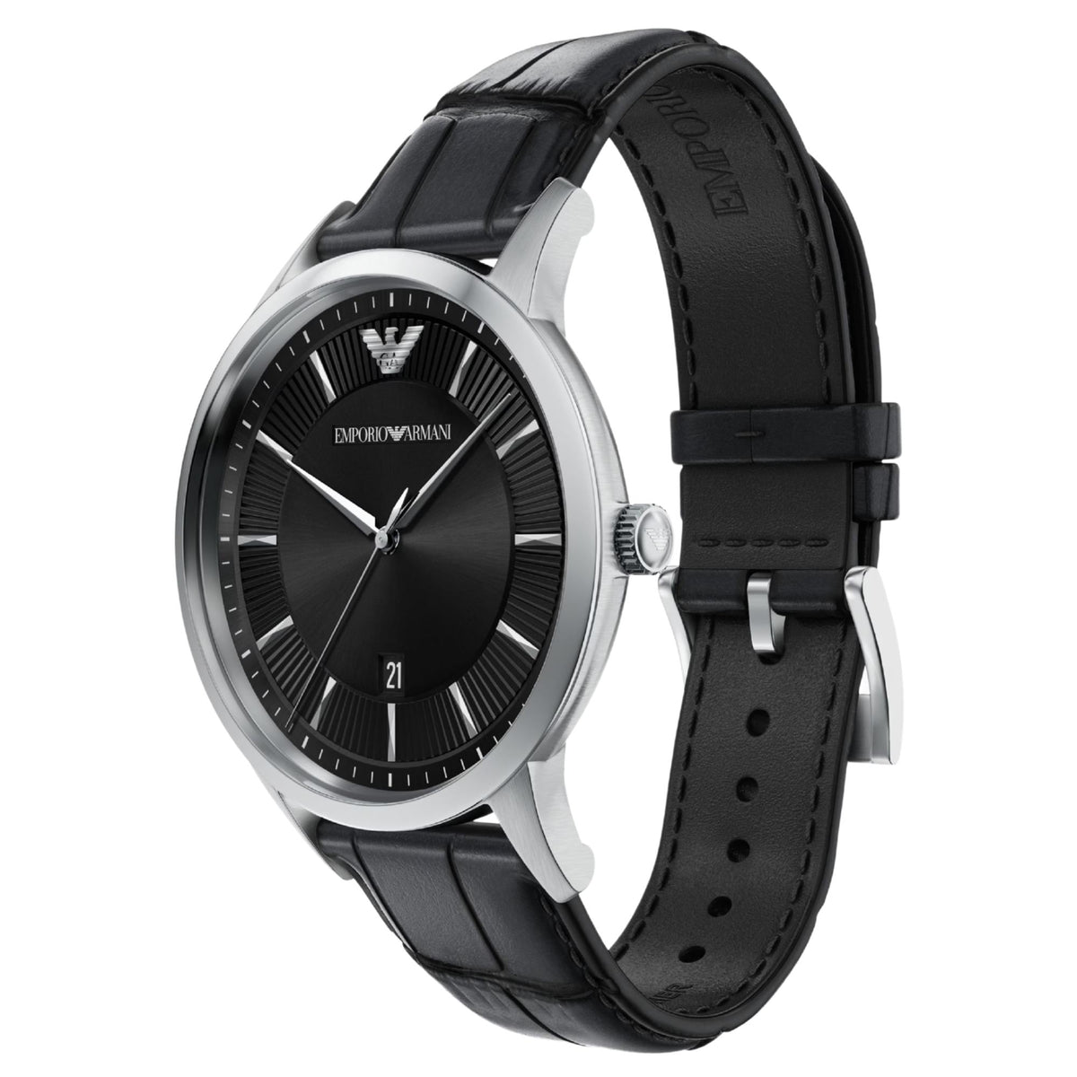 Angled perspective of the Emporio Armani Archetipo AR11826 watch displaying the stainless steel case, black dial, and leather strap