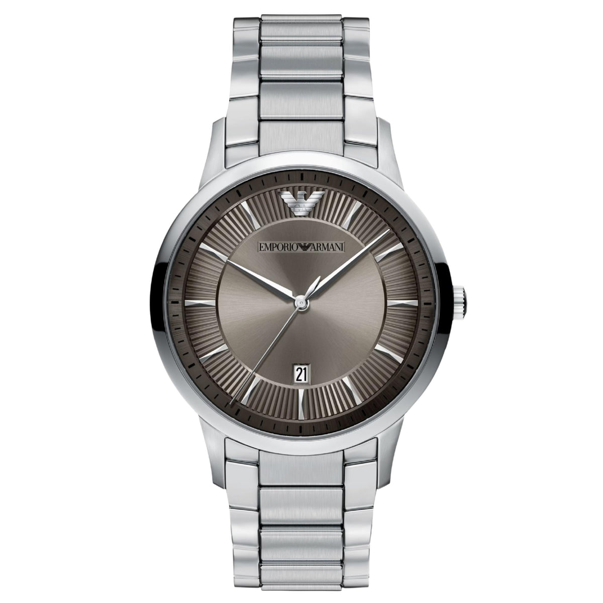 Emporio Armani Archetipo AR11825 mens quartz watch featuring a textured grey dial, silver baton indices, date aperture, and stainless steel bracelet