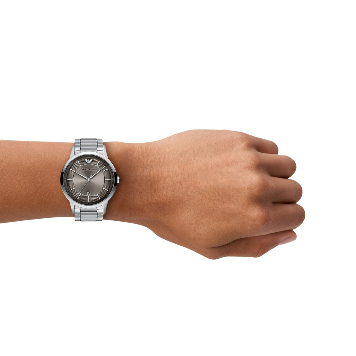 Emporio Armani Archetipo AR11825 timepiece worn on a wrist showing the sunburst grey dial and steel link bracelet