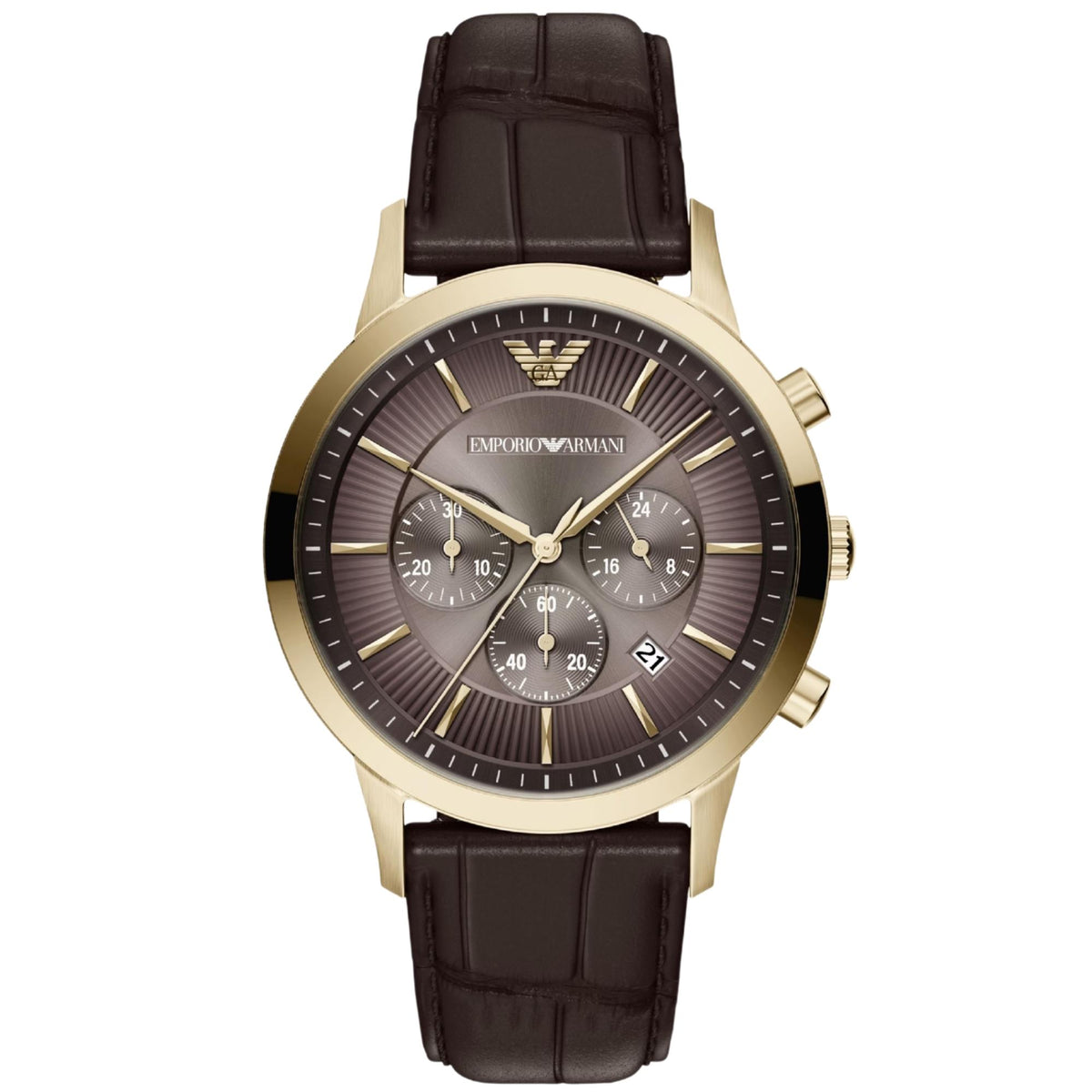 Emporio Armani Archetipo AR11822 mens quartz watch featuring a textured brown dial, gold chronograph sub-dials, date aperture, and a brown leather strap