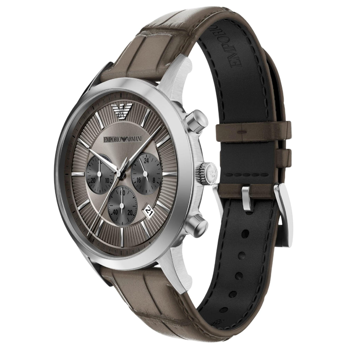 Angled perspective of the Emporio Armani Archetipo AR11821 watch displaying the silver-tone case, grey dial, dual chronograph pushers, and genuine leather strap