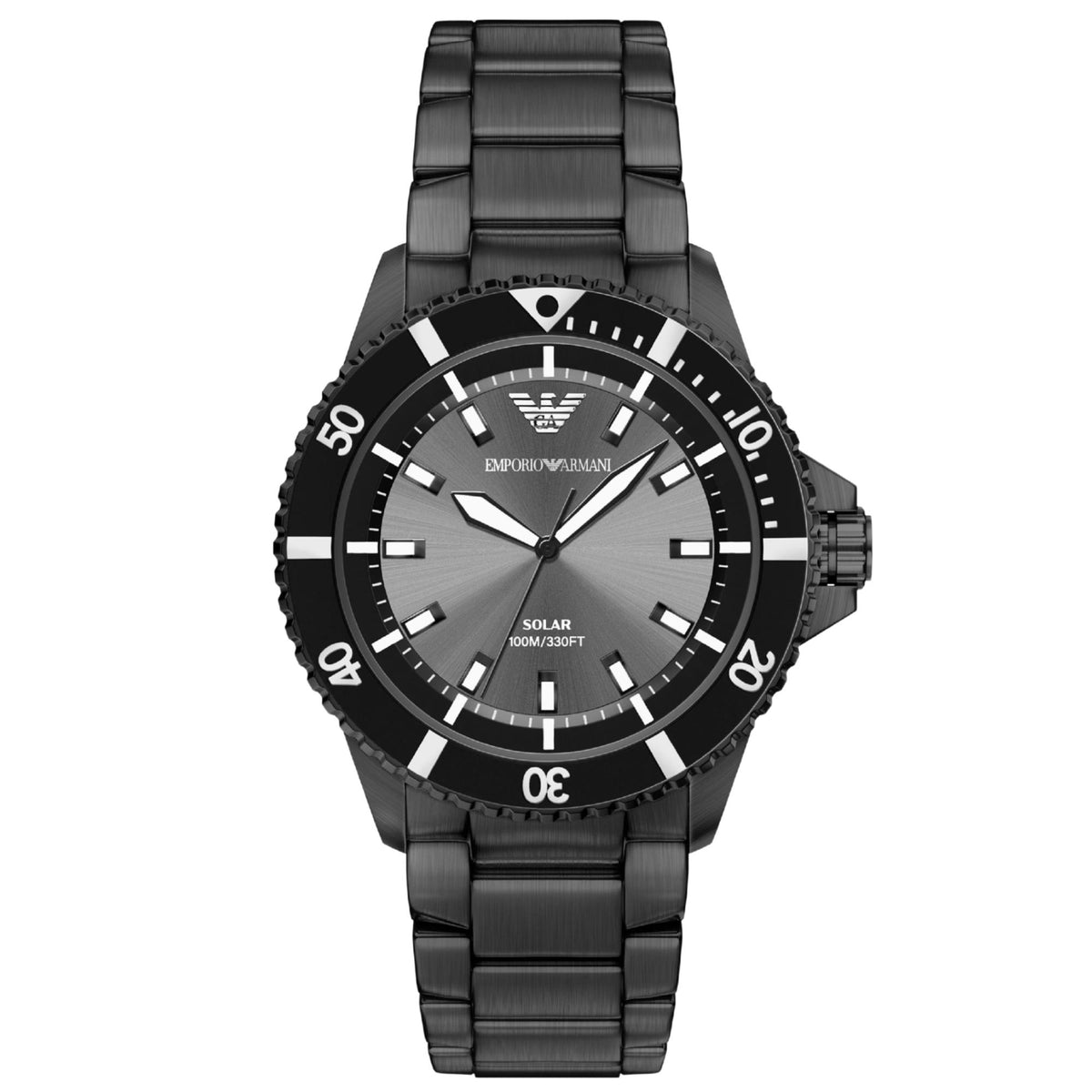Emporio Armani World Explorer AR11831 mens quartz watch featuring a sunray grey dial, black dive bezel, luminescent hour markers, and gunmetal stainless steel bracelet