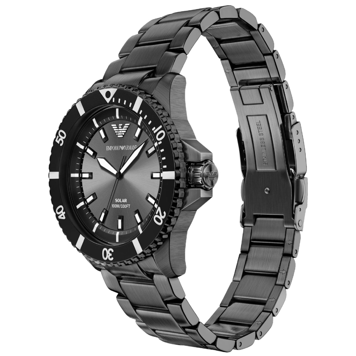 Angled view of the Emporio Armani World Explorer AR11831 watch showing the gunmetal steel case, grey solar dial, black bezel, and matching metal bracelet with folding clasp