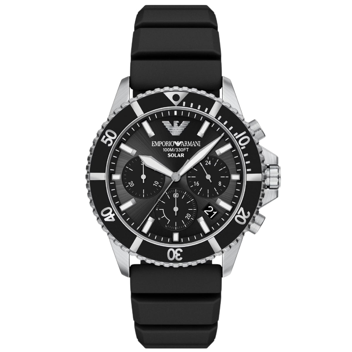 Emporio Armani World Explorer AR11830 mens solar chronograph watch featuring a black dial, three sub-dials, date aperture, luminescent markers, and black silicone strap