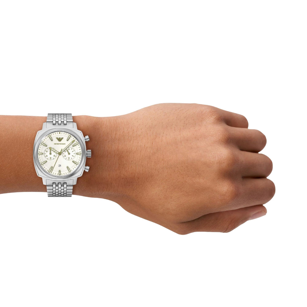 Emporio Armani Carlo AR11800 timepiece worn on a wrist, displaying the 40mm cushion case, ivory dial, dual chronograph counters, and steel link strap