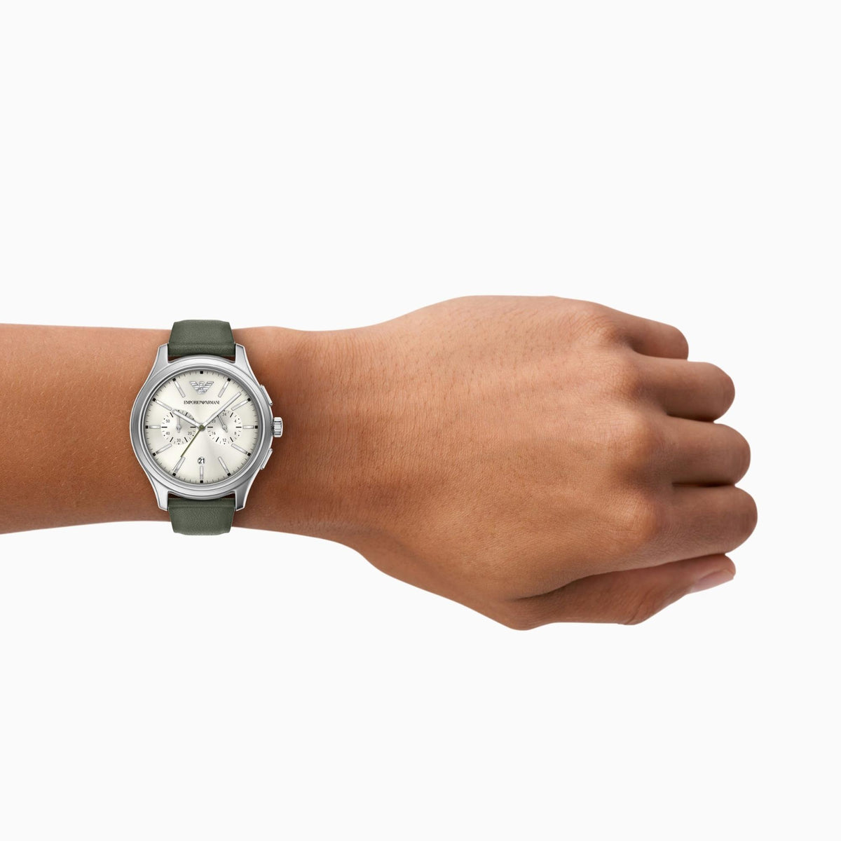 Emporio Armani Dario AR11801 timepiece worn on a wrist, displaying the 42mm stainless steel case, ivory dial, dual sub-dials, and green leather band