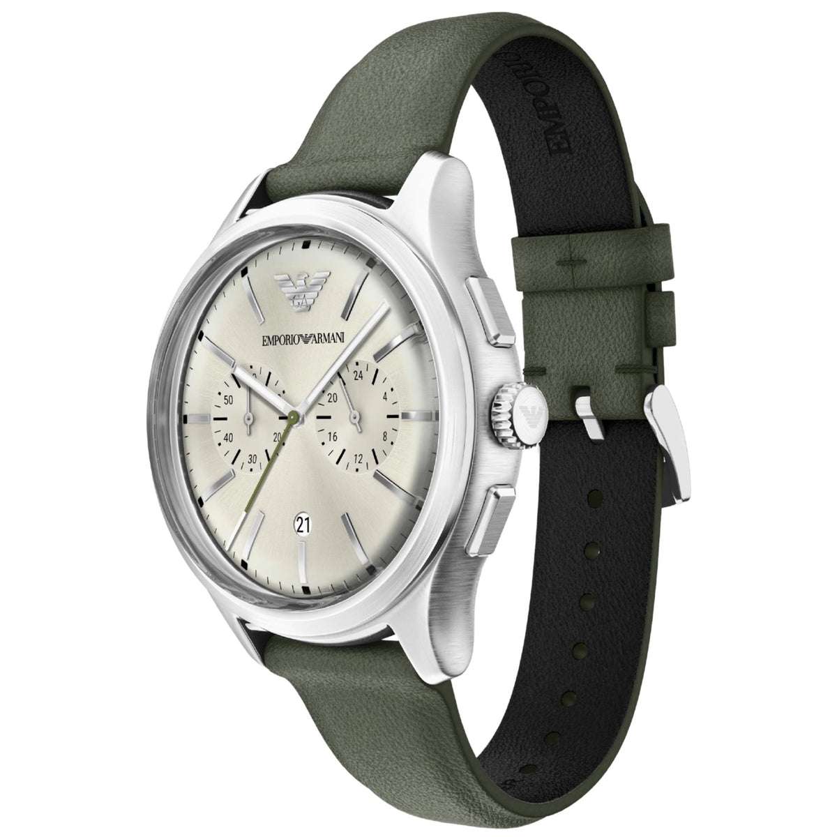 Angled view of the Emporio Armani Dario AR11801 watch showing the ivory chronograph dial, silver baton indices, side pushers, and textured green leather strap
