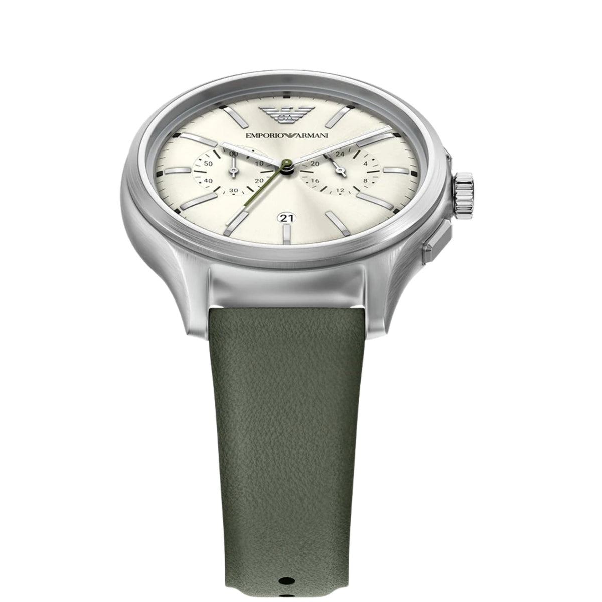 Overhead perspective of the Emporio Armani Dario AR11801 watch showcasing the ivory dial, dual sub-dials, polished bezel, and green leather band