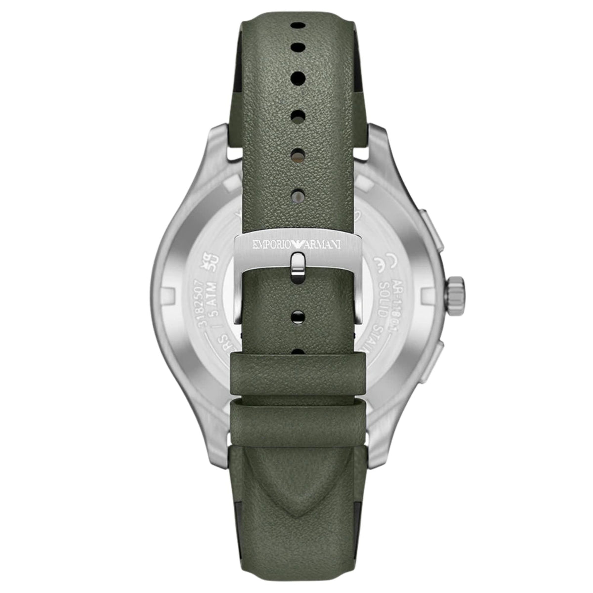 Back view of the Emporio Armani Dario AR11801 watch featuring the green leather strap, double loops, and silver pin buckle with brand engraving