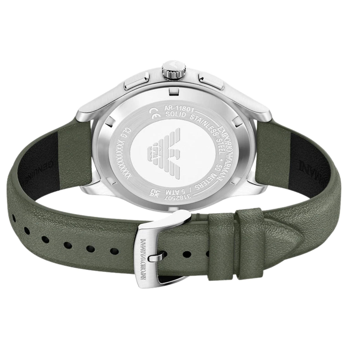 Angled rear view of the Emporio Armani Dario AR11801 watch displaying the engraved steel case back, green leather strap, and stainless steel buckle closure