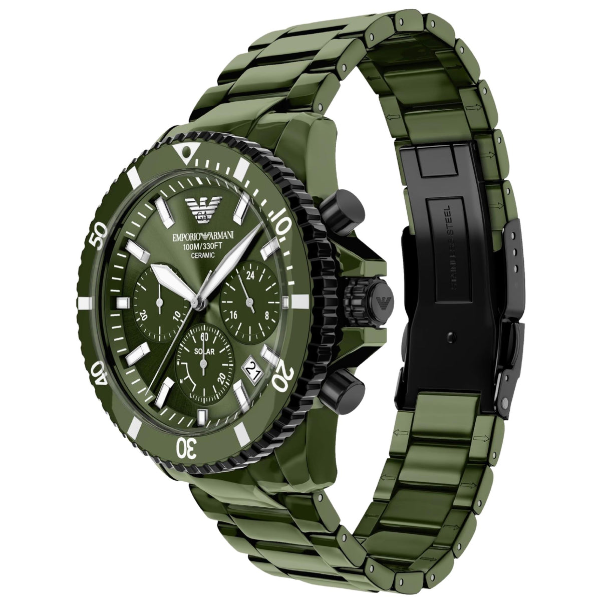 Angled perspective of the Emporio Armani World Explorer AR70023 watch showcasing the green ceramic body, chronograph sub-dials, black pushers, and folding clasp