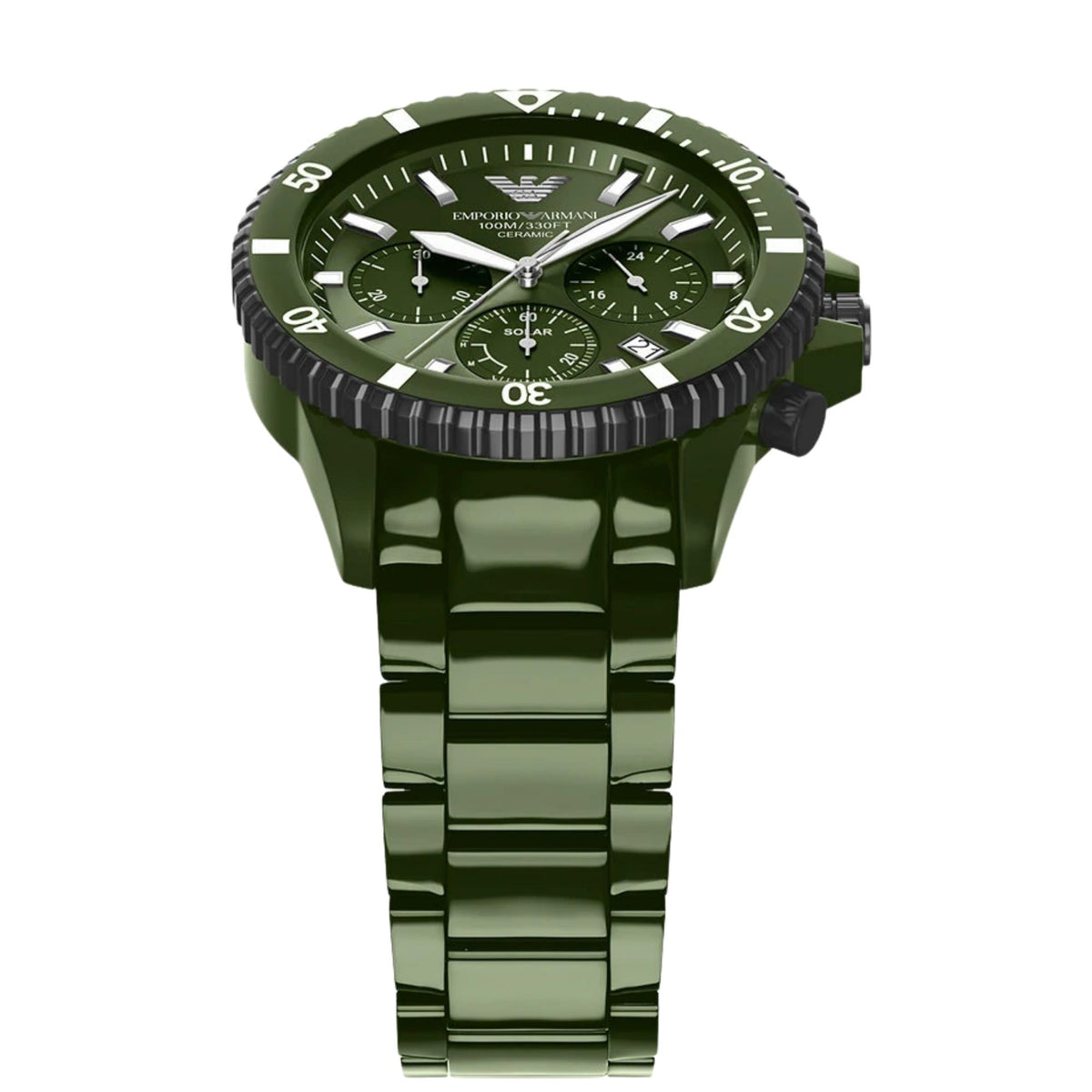 Overhead view of the Emporio Armani World Explorer AR70023 watch highlighting the notched green bezel, green solar dial, white baton markers, and ceramic link bracelet