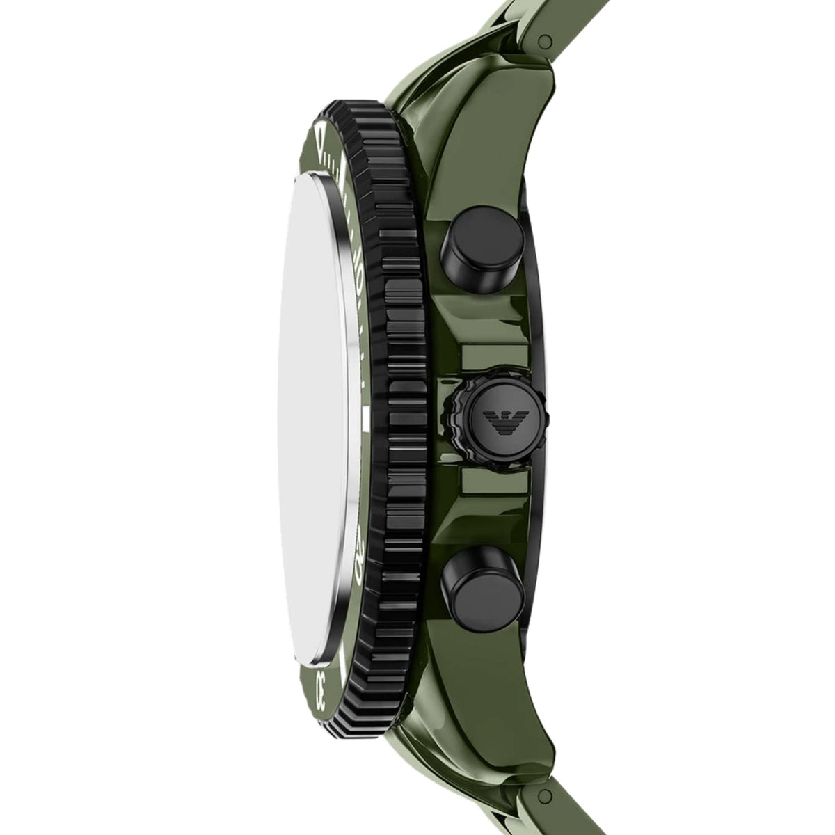 Side view of the Emporio Armani World Explorer AR70023 wrist watch displaying the green ceramic case, black crown guards, textured crown, and chronograph pushers