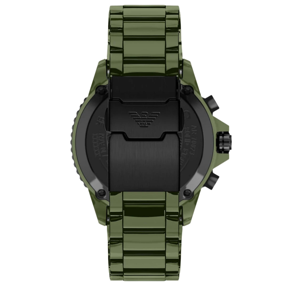Back view of the Emporio Armani World Explorer AR70023 watch showing the green ceramic link bracelet and black stainless steel deployment clasp with eagle emblem