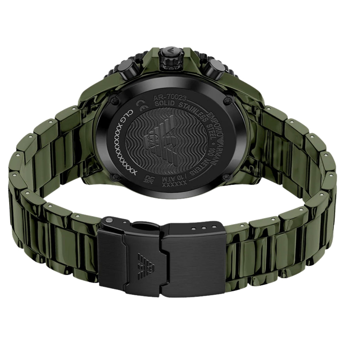 Angled rear view of the Emporio Armani World Explorer AR70023 watch featuring the black engraved case back and green ceramic bracelet with secure folding closure