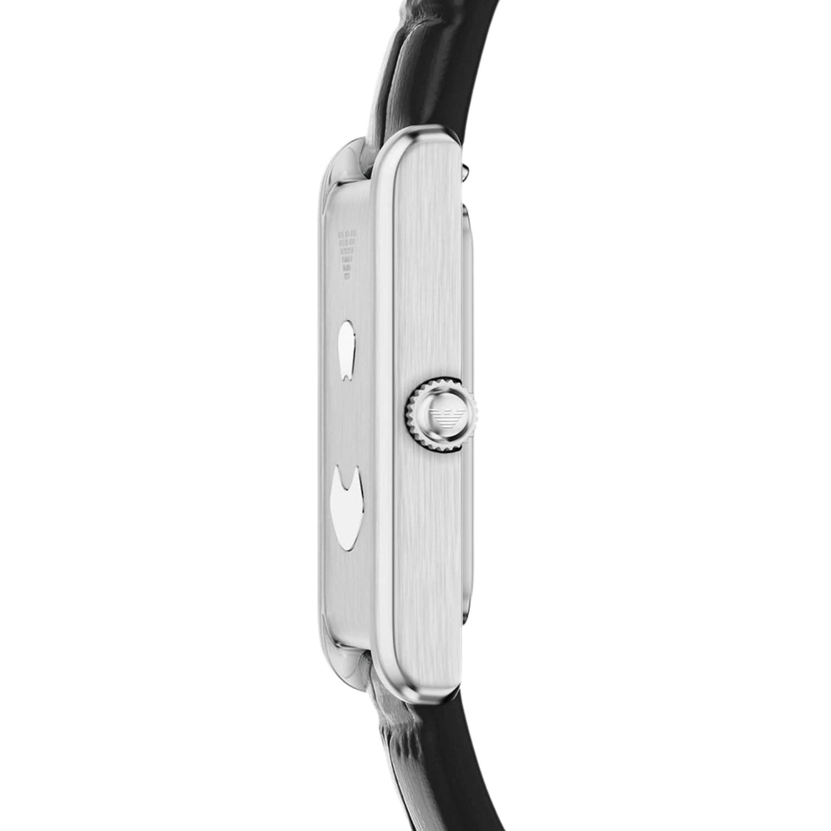 Side profile of the Emporio Armani Mystery Hour AR11816 watch displaying the sleek silver steel case, textured crown with logo detail, and black leather strap attachment