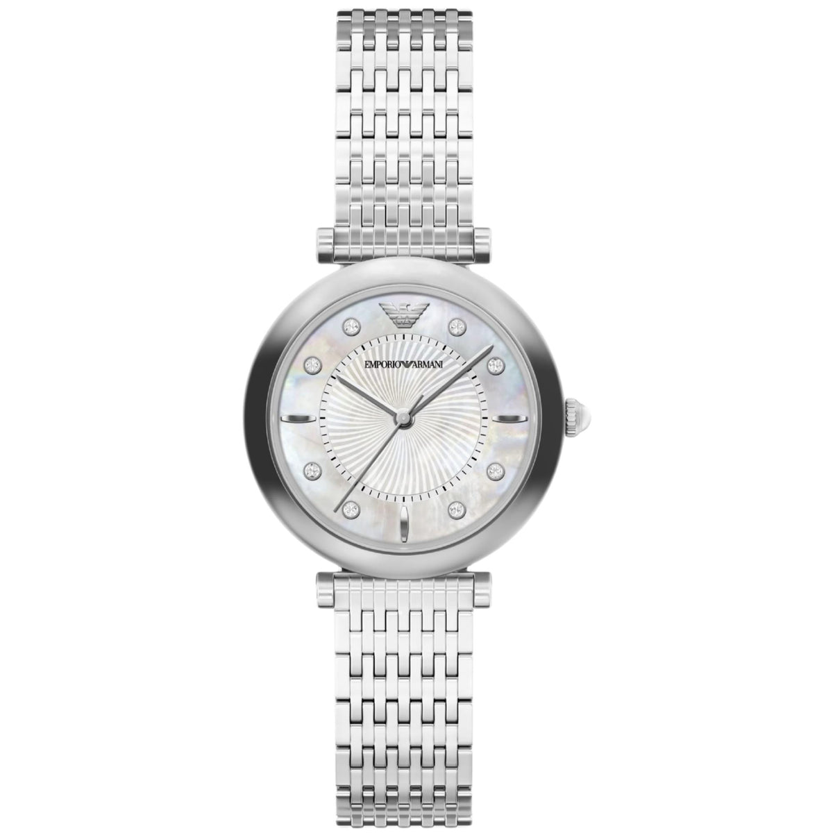 Emporio Armani Archelia AR11807 ladies quartz watch featuring a round steel case, mother of pearl dial with sunray center, crystal hour markers, and stainless steel link bracelet