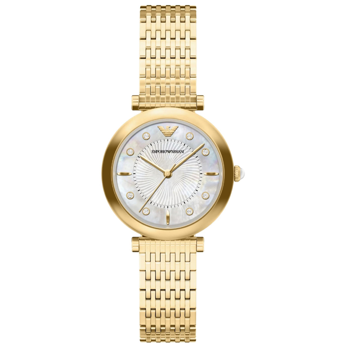 Emporio Armani Archelia AR11809 ladies quartz watch featuring a gold-tone round case, mother of pearl dial with sunray pattern center, crystal hour markers, and matching gold-tone link bracelet