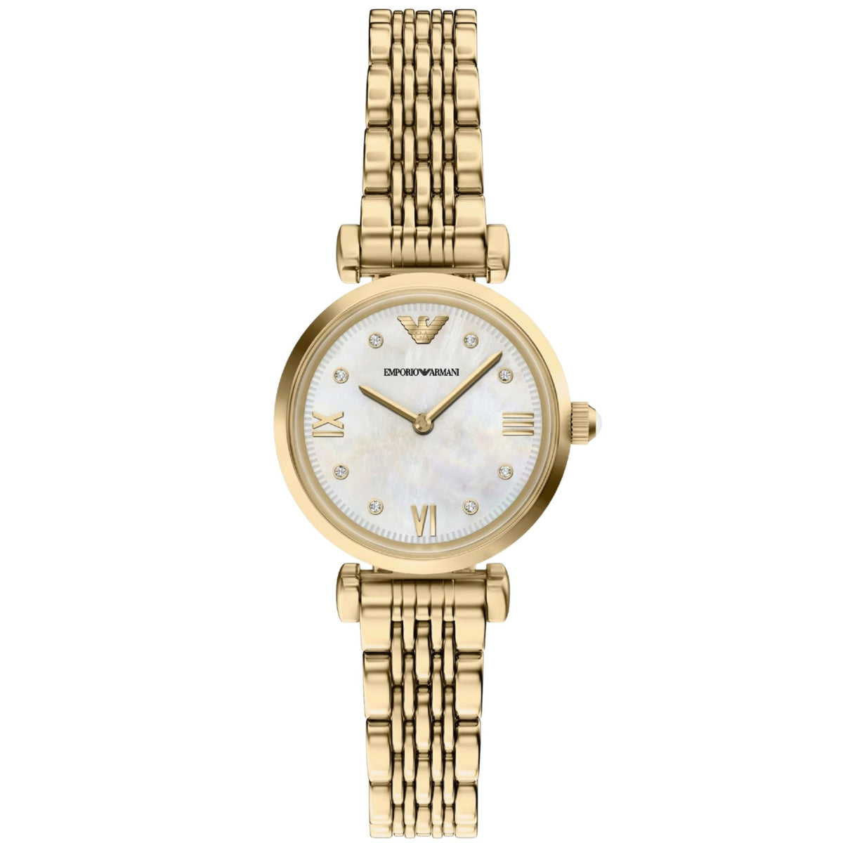 Emporio Armani Gianni AR11806 ladies quartz watch featuring a gold-tone round case, mother of pearl dial with Roman numerals and crystal markers, paired with a matching gold-tone multi-link bracelet