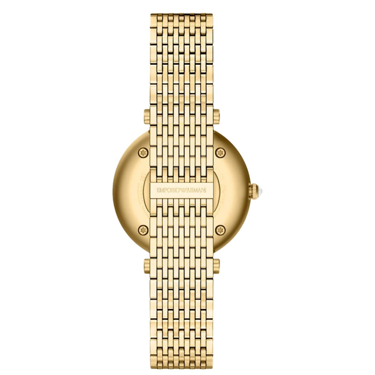 Back view of the Emporio Armani Archelia AR11810 watch displaying the gold-tone link bracelet with integrated deployment clasp and round case back
