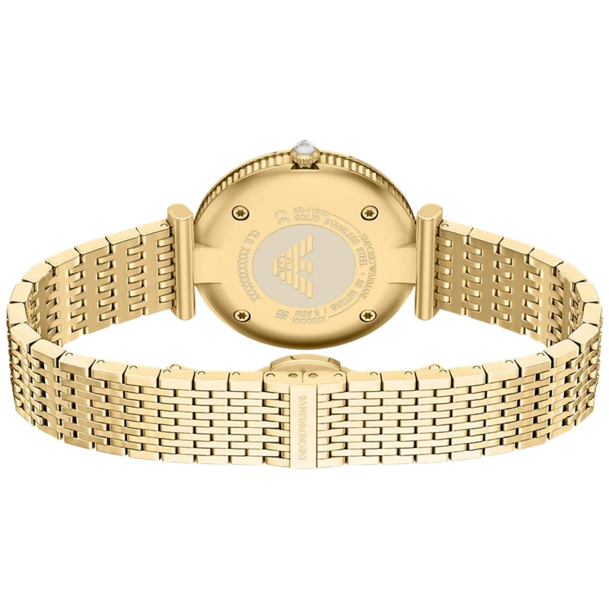 Rear view of the Emporio Armani Archelia AR11810 watch featuring the engraved solid gold-tone case back and multi-link bracelet with butterfly clasp