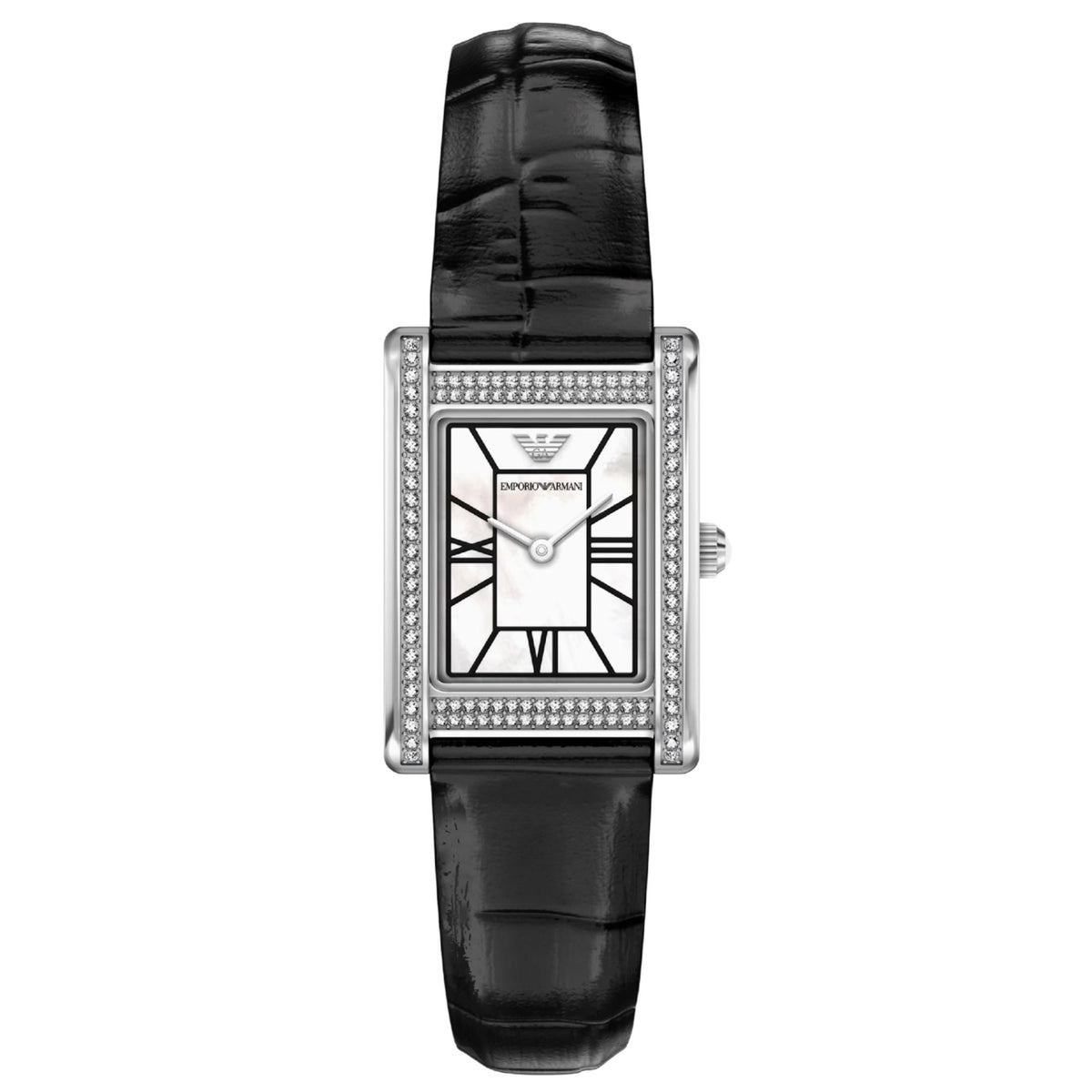 Emporio Armani Genni AR11803 ladies quartz watch featuring a rectangular silver-tone stainless steel case set with pavé crystals, mother of pearl dial with Roman numerals, and a black leather strap