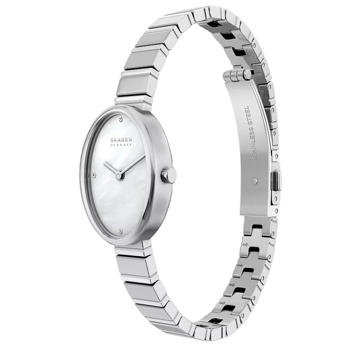 Skagen Anita Oval SKW3182 side angle perspective highlighting mother of pearl dial watch and steel deployment bracelet