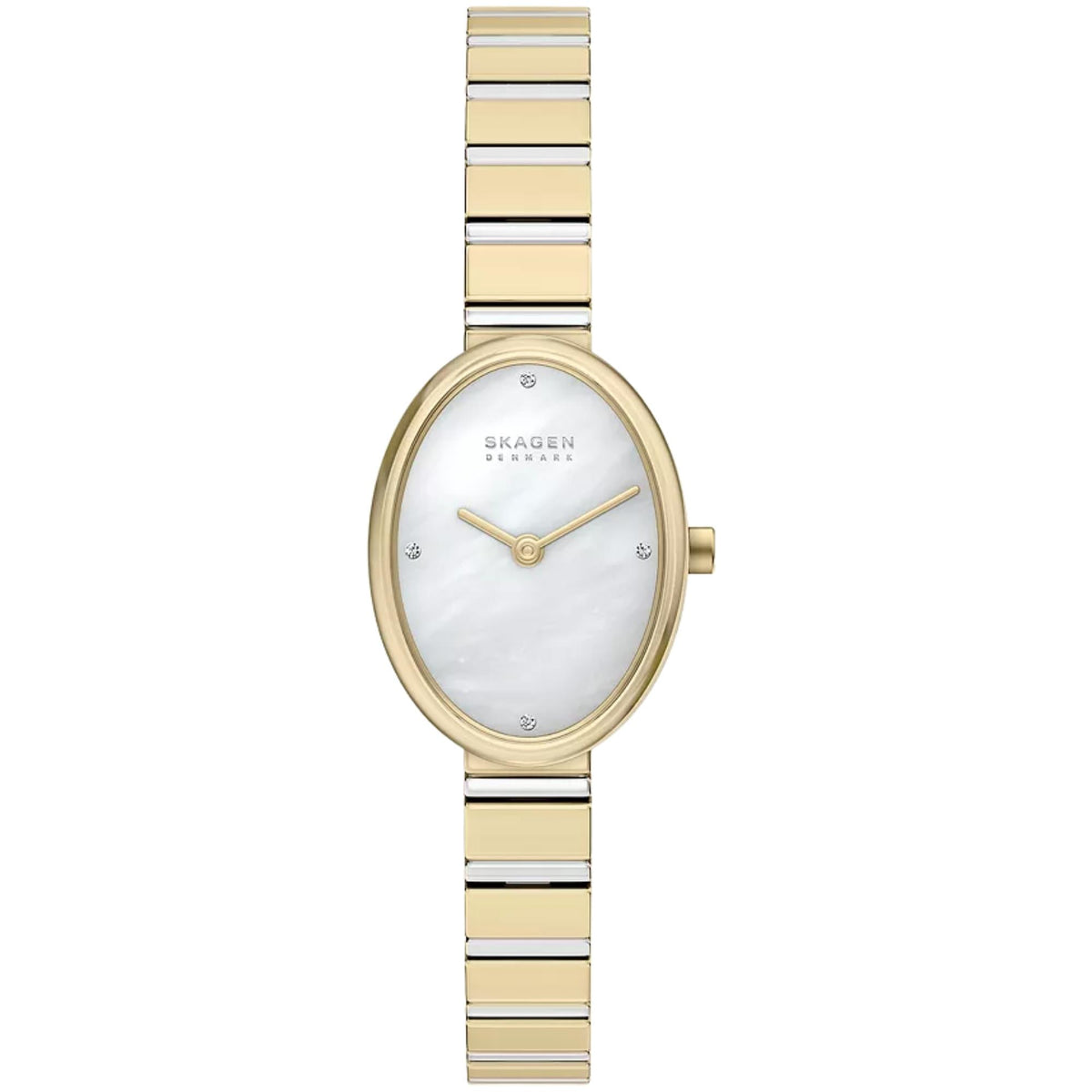 Skagen Anita Oval SKW3183 front view showing mother of pearl dial with steel case profile and bracelet strap