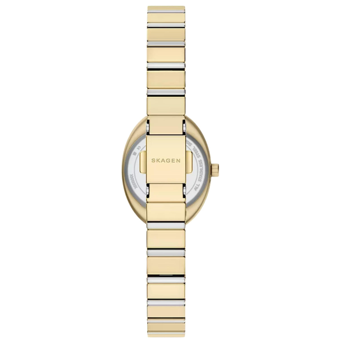 Skagen Anita Oval SKW3183 back case view showing engraved brand logo and steel bracelet clasp