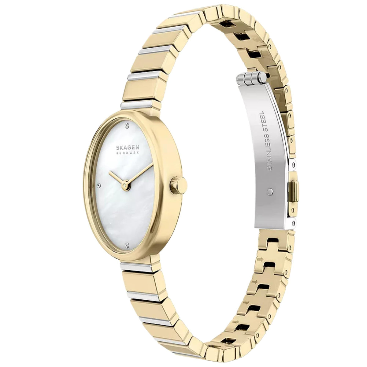 Skagen Anita Oval SKW3183 side angle perspective highlighting mother of pearl dial watch and steel deployment bracelet