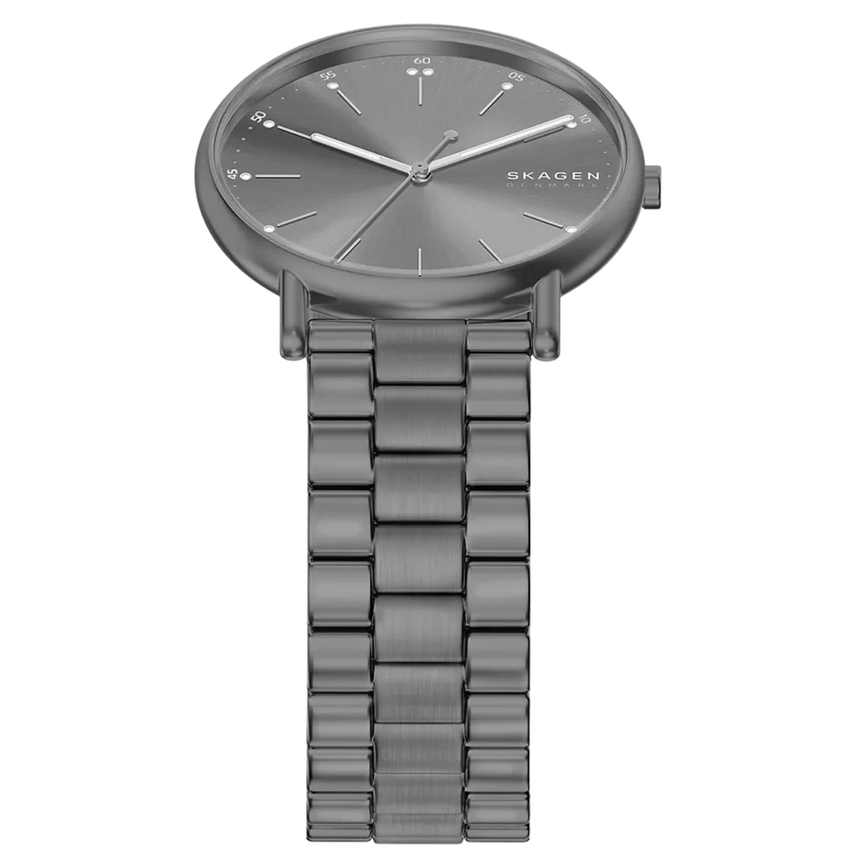 Skagen Signatur SKW6951 top angle view displaying grey dial with steel case profile and bracelet links