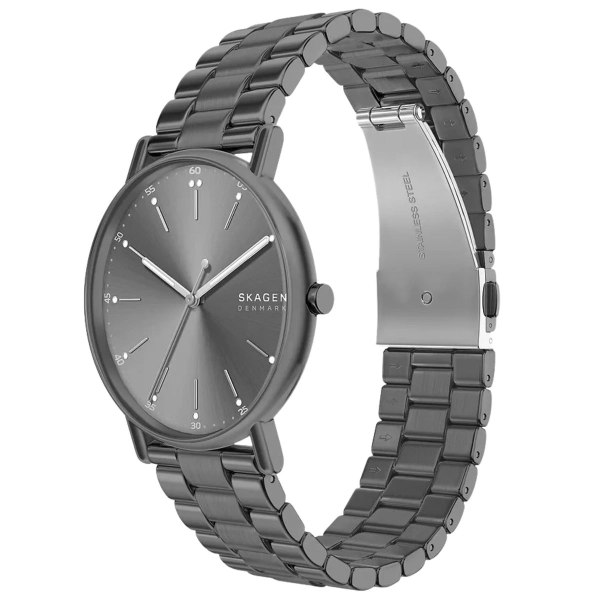 Skagen Signatur SKW6951 side angle perspective highlighting grey dial watch and steel deployment bracelet