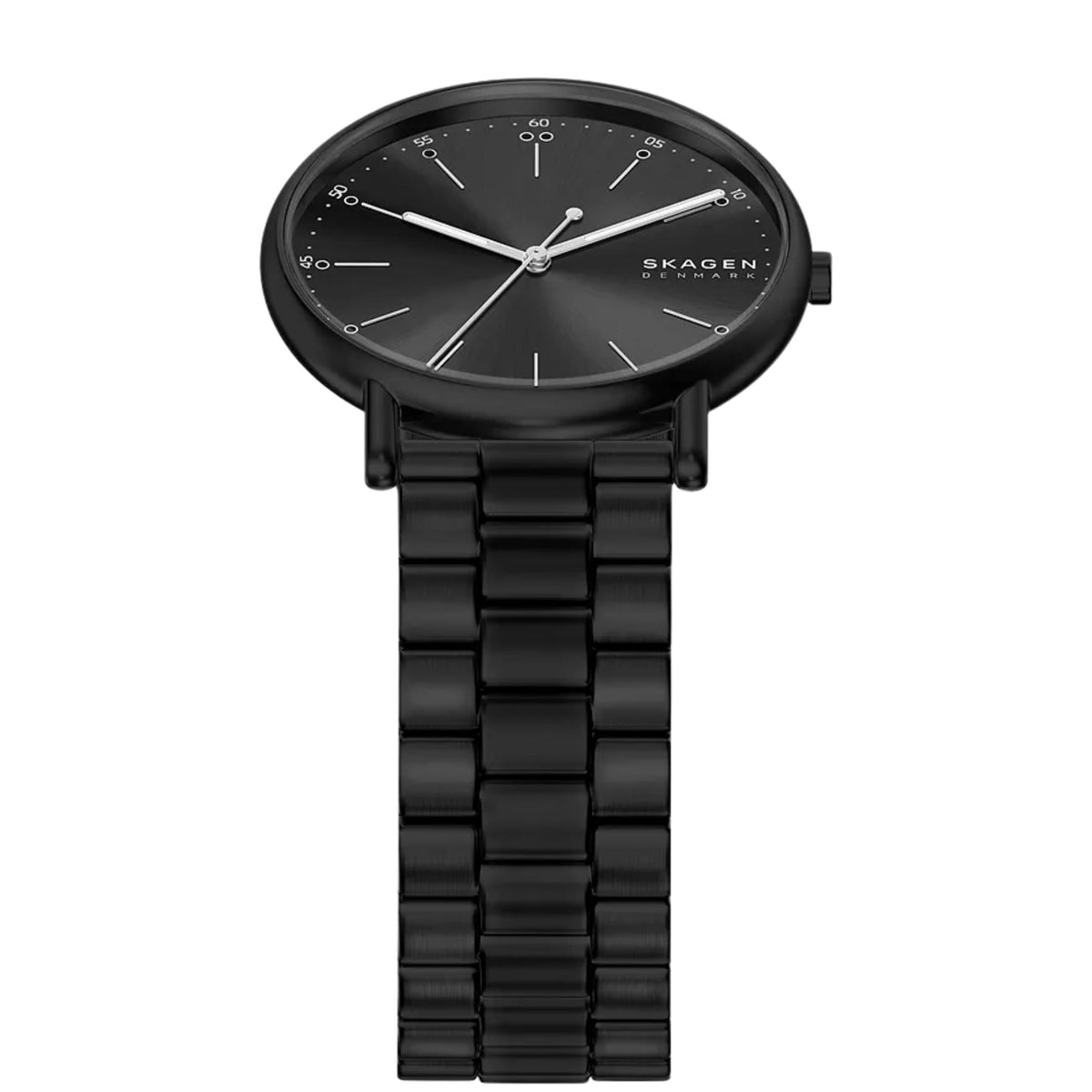 Skagen Signatur SKW6952 top angle view displaying black dial with steel case profile and bracelet links