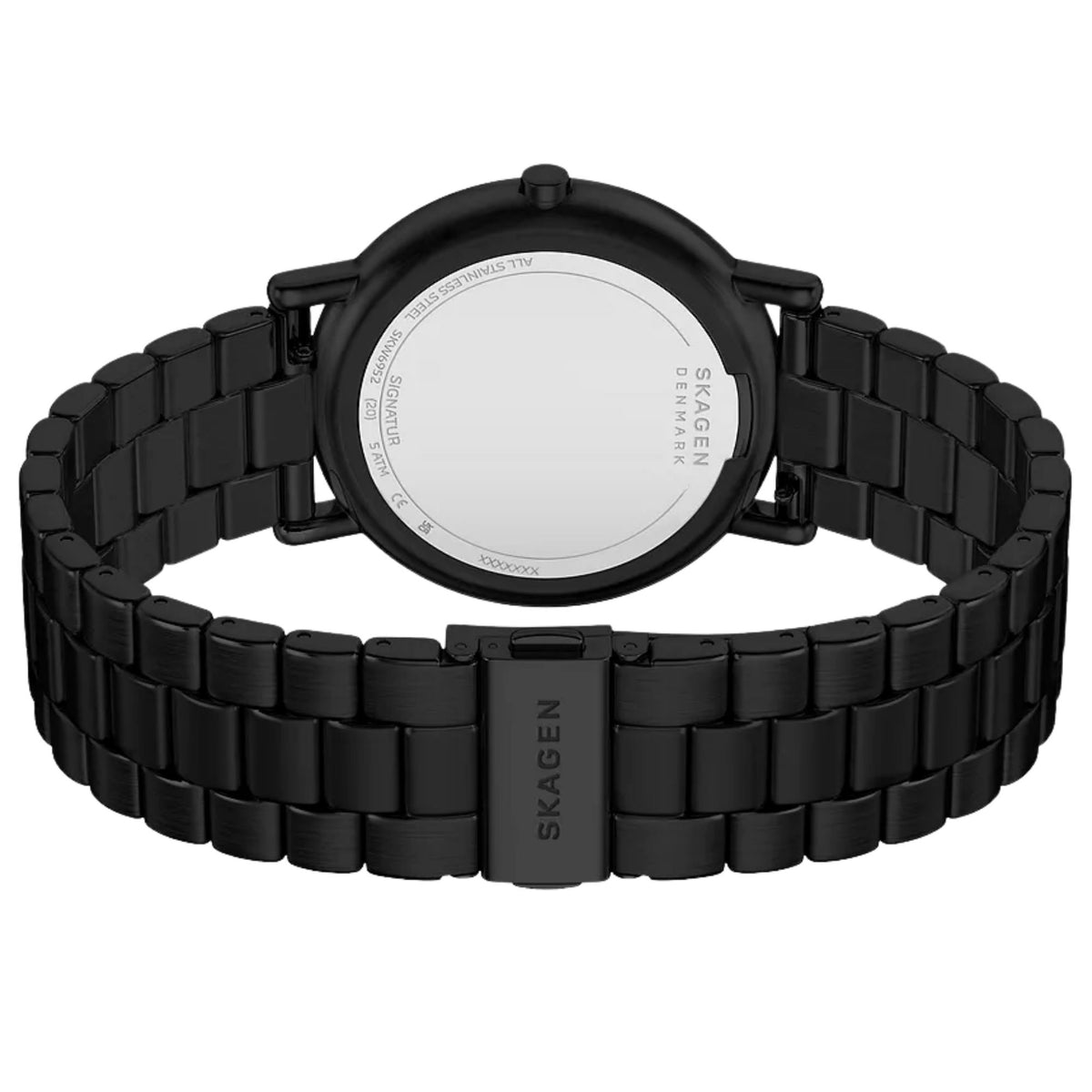 Skagen Signatur SKW6952 back case view showing engraved brand logo and steel bracelet clasp