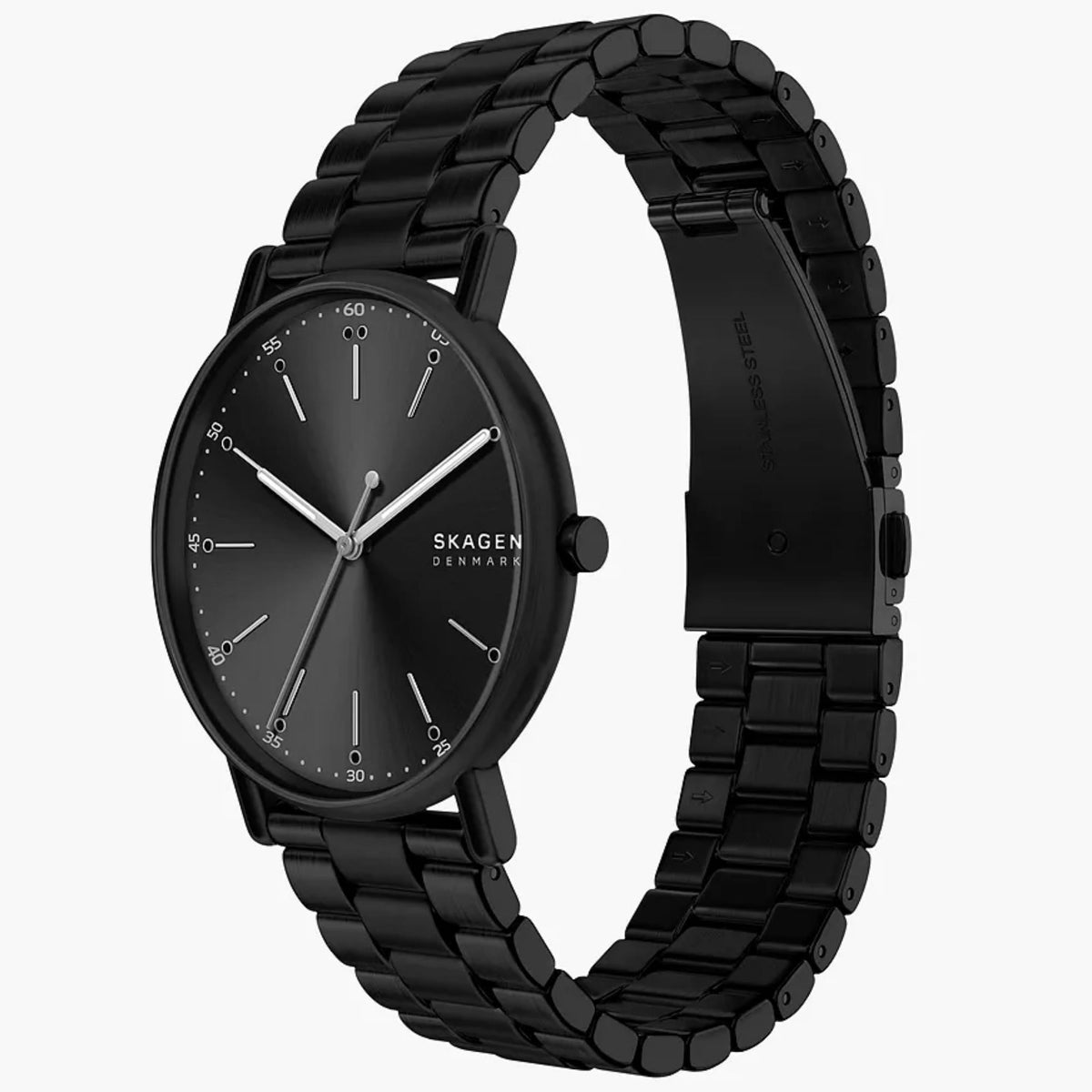 Skagen Signatur SKW6952 side angle perspective highlighting black dial watch and steel deployment bracelet