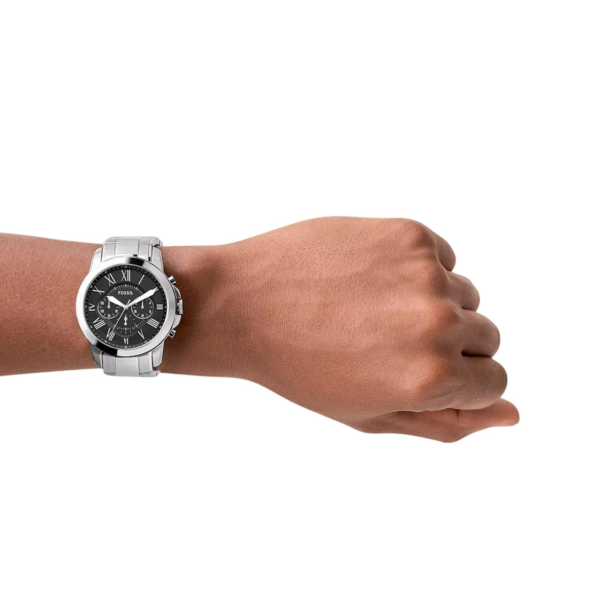 On-wrist view of the Fossil Grant FS4736 quartz timepiece showcasing the black dial display, steel case, and link bracelet.